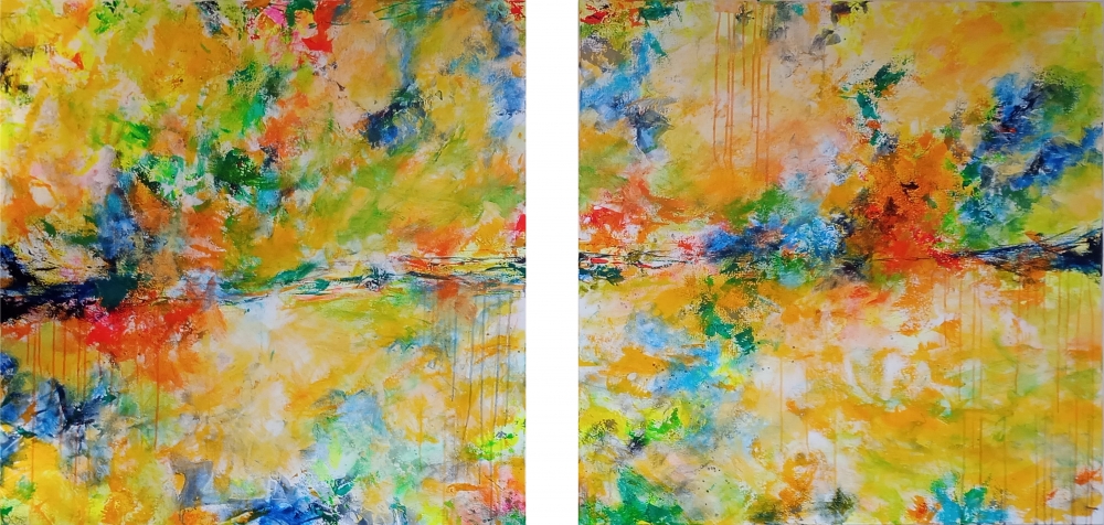 XXL Abstract Mediterranean Sunset Diptych 200 x 100 cm Two Abstract Paintings