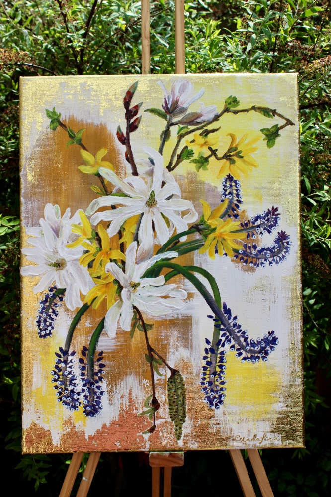 ‘Still life magnolia in Spring’ Acrylic and gold leaf Painting by Elena Ciobanica