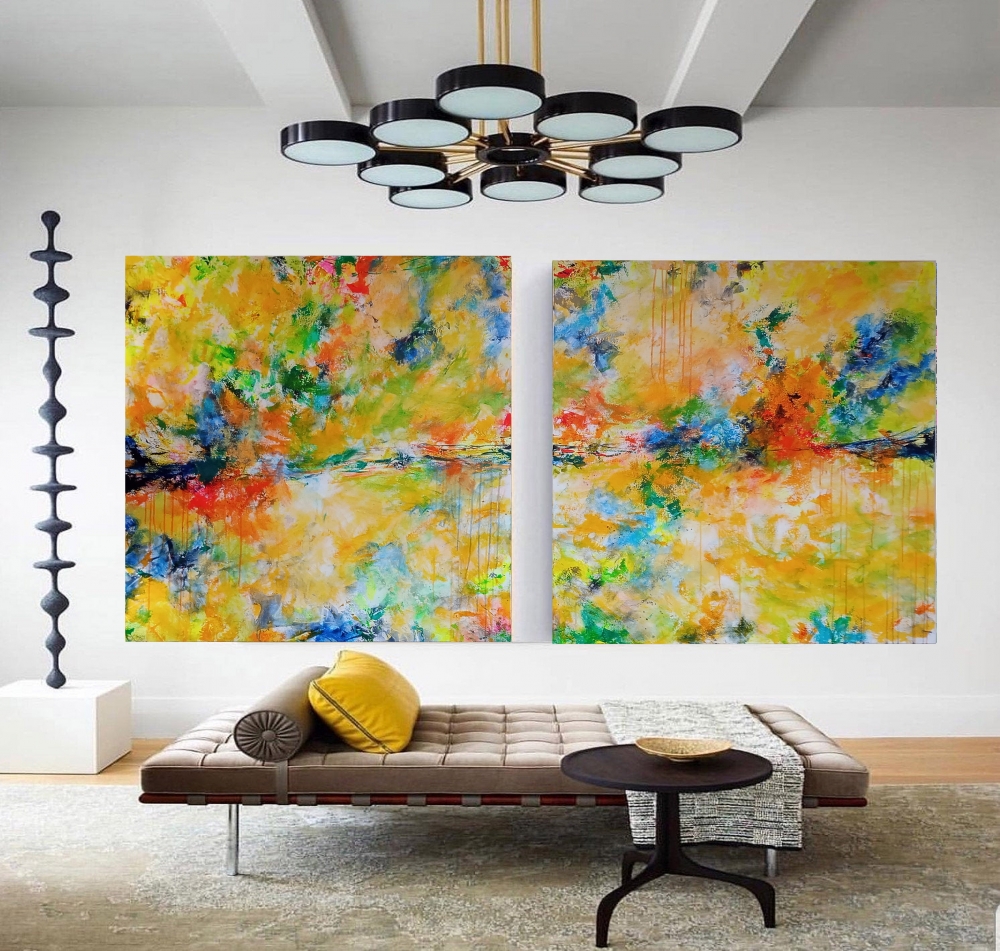 XXL Abstract Mediterranean Sunset Diptych 200 x 100 cm Two Abstract Paintings