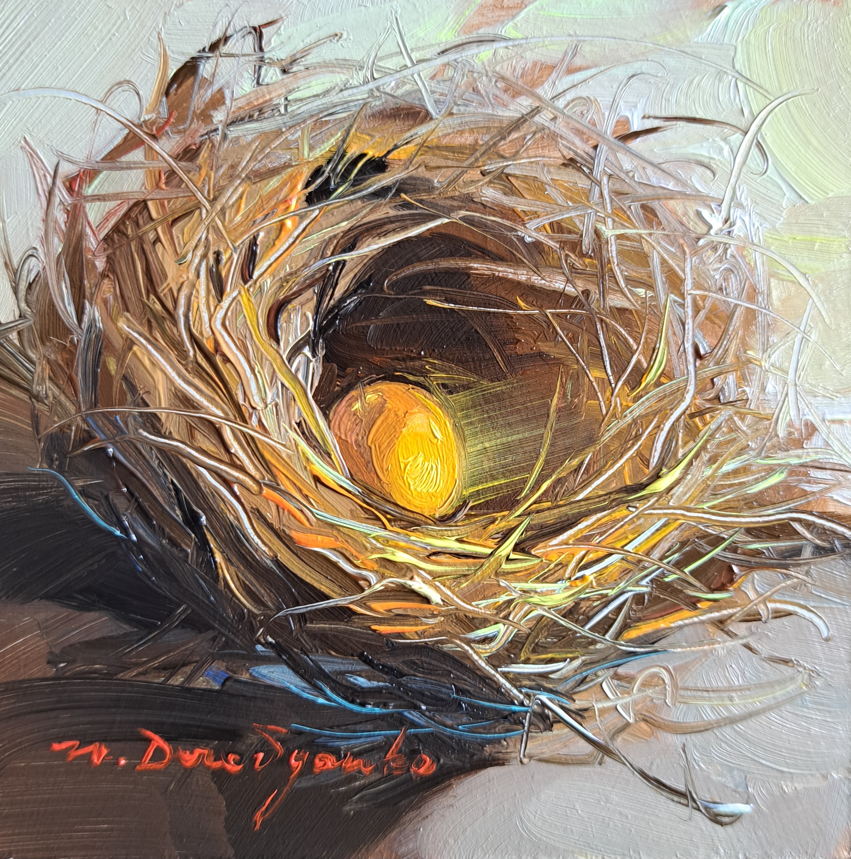 Nest oil painting original 4x4 in frame, Gold egg unique miniature
