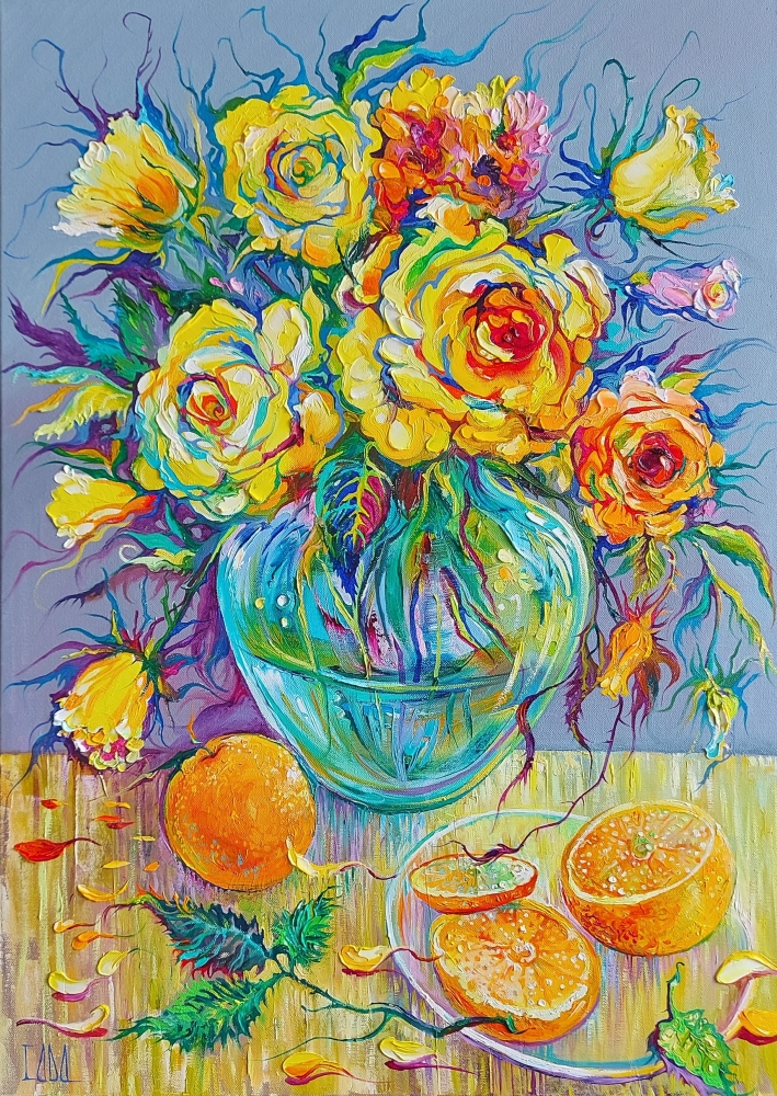 Yellow Roses and Orange Fruit