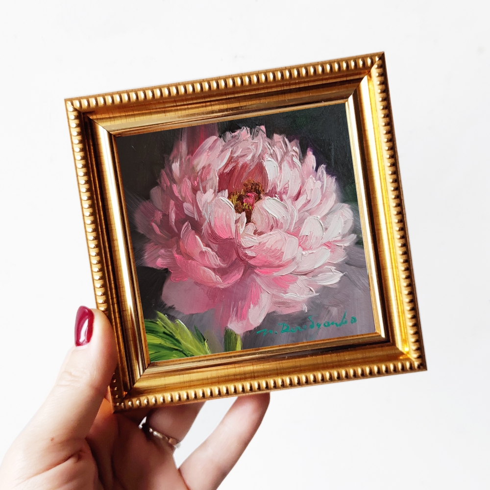 Pink peony flower art oil painting original, Floral wall art peony Fine gift for her, Miniature artwork oil unique peonies Small art framed