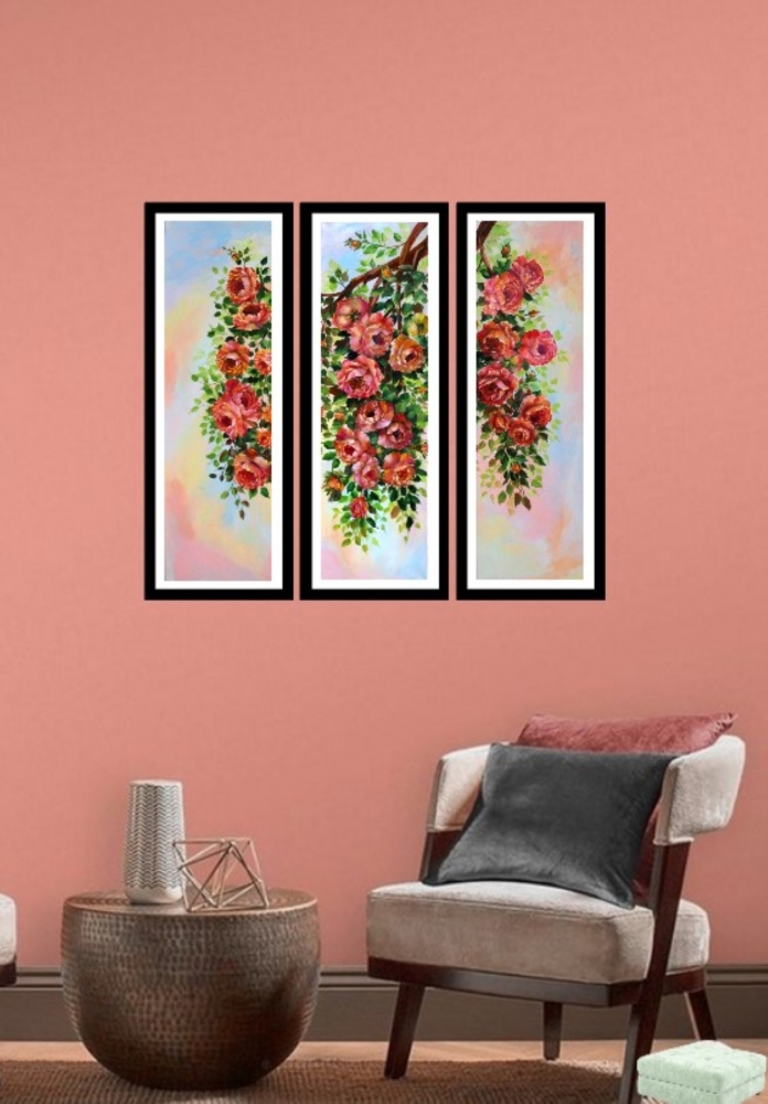 Hanging roses, oil painting on 3 canvases