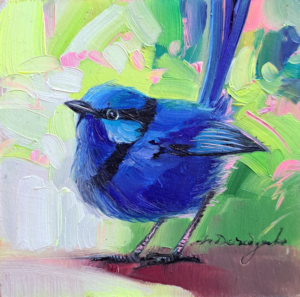 Blue bird art painting original framed 4x4, Pocket bird artwork, Blue bird wall art decor Living room