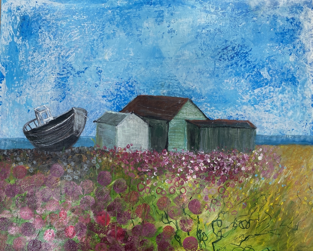 Sea Thrift beach huts boat