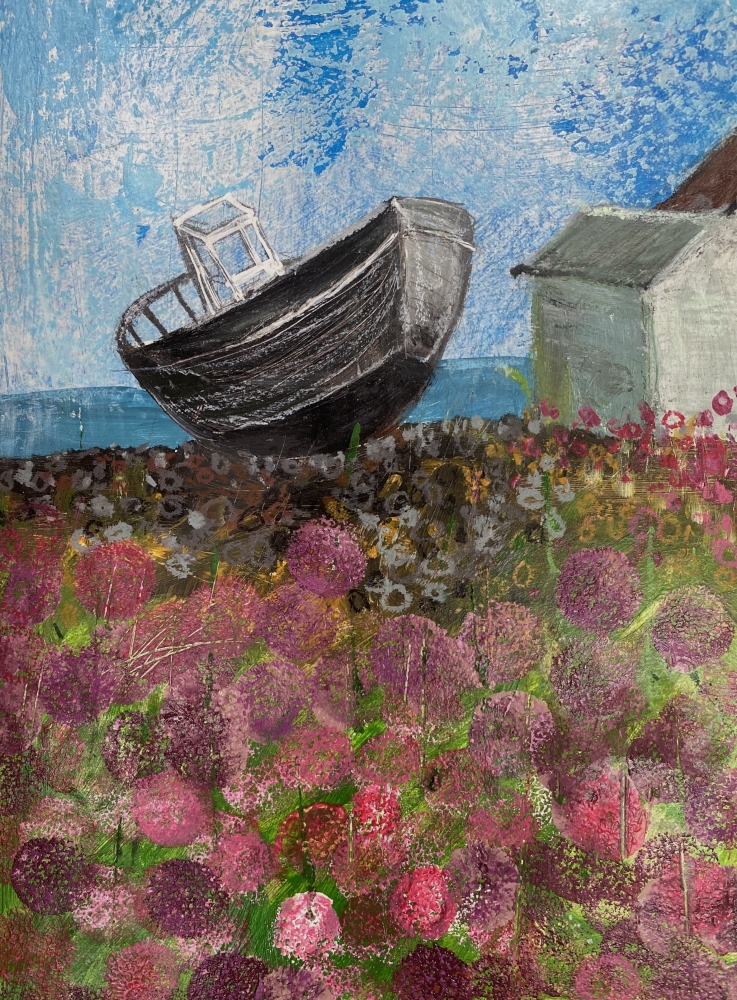 Sea Thrift beach huts boat