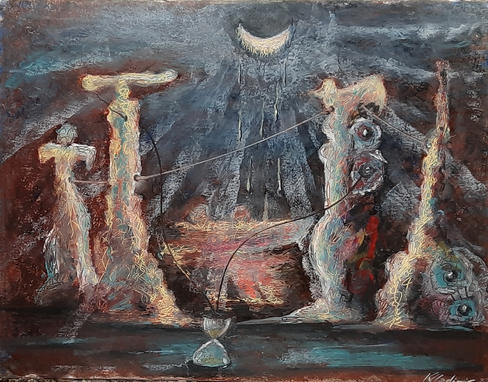 Landscape with totems and mysterious light from the haired moon