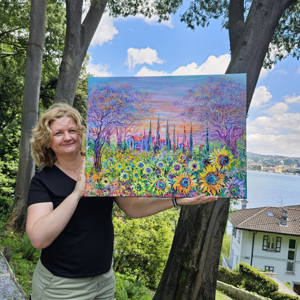 Sunflower field, cypress, countryside landscape