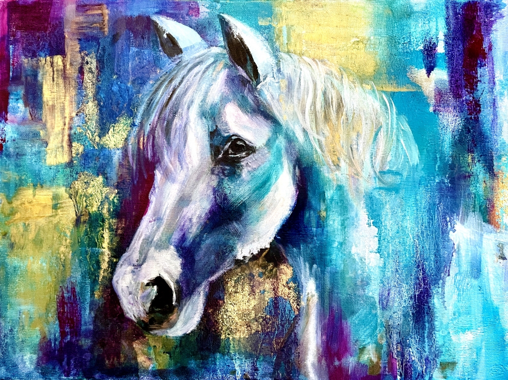 Celestial Messenger – Mixed Media White Horse Painting with Gold Leaf (30cm x 40cm)