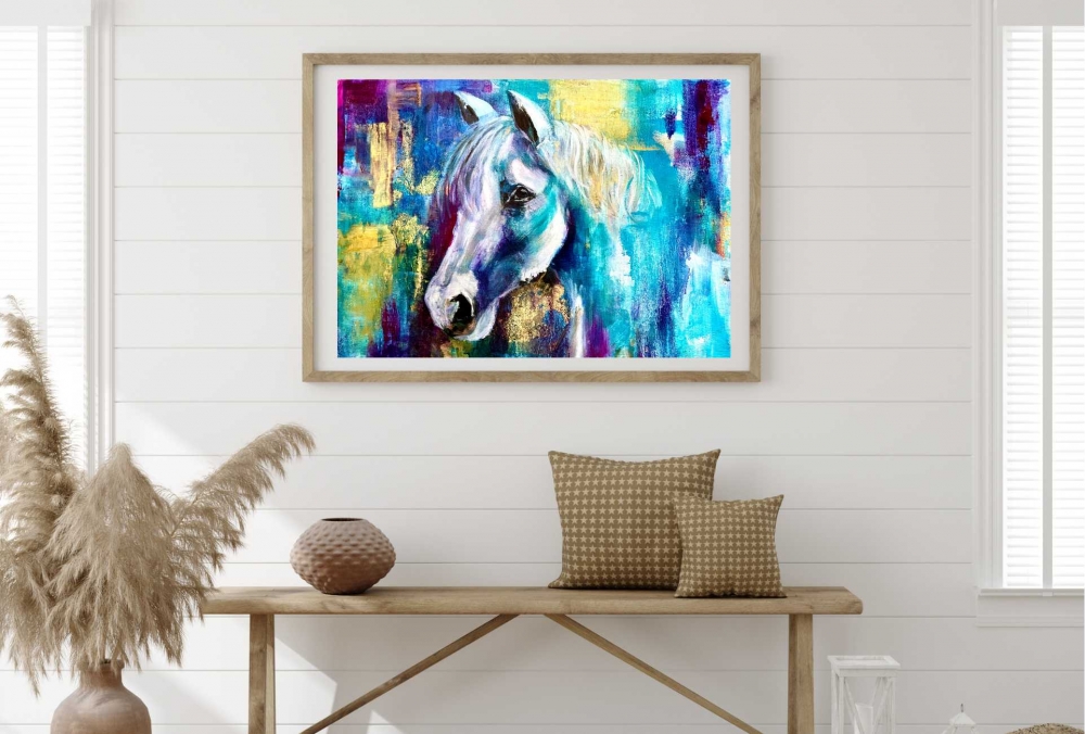 Celestial Messenger – Mixed Media White Horse Painting with Gold Leaf (30cm x 40cm)