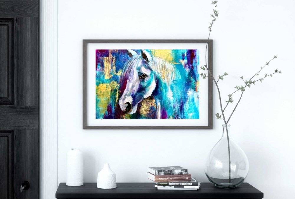 Celestial Messenger – Mixed Media White Horse Painting with Gold Leaf (30cm x 40cm)