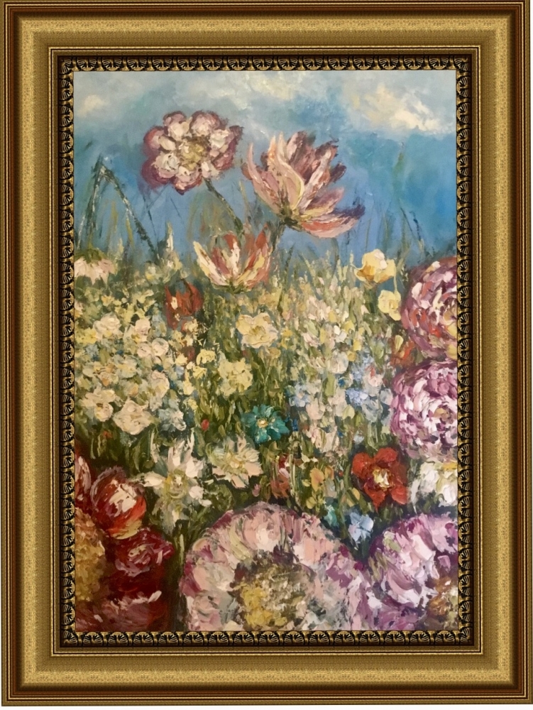 Colourful wild flowers landscape oil painting 