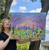 Sunflower field, cypress, countryside landscape