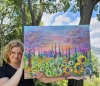 Sunflower field, cypress, countryside landscape