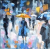 People with Umbrellas in the Rain on a Colorful City Street