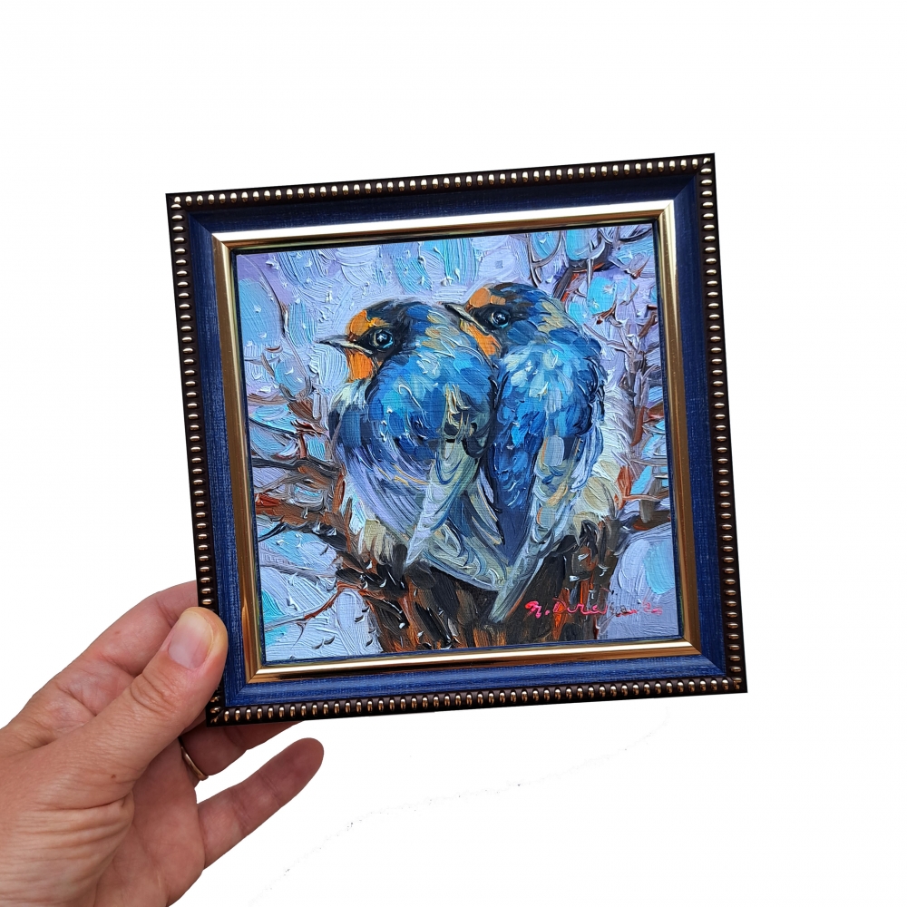 Swallow couple birds oil painting original in blue frame 13x13 cm