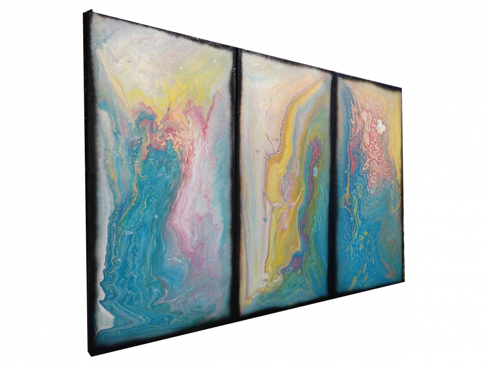 large triptych pouring paintings \"Abstract A1118\"