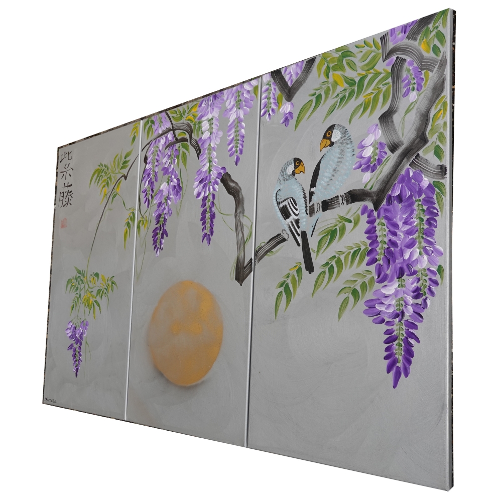 Silver paintings Japanese wisteria J221 - large triptych