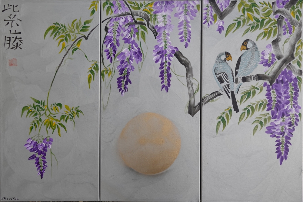 Silver paintings Japanese wisteria J221 - large triptych