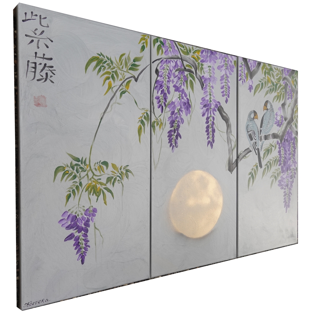 Silver paintings Japanese wisteria J221 - large triptych