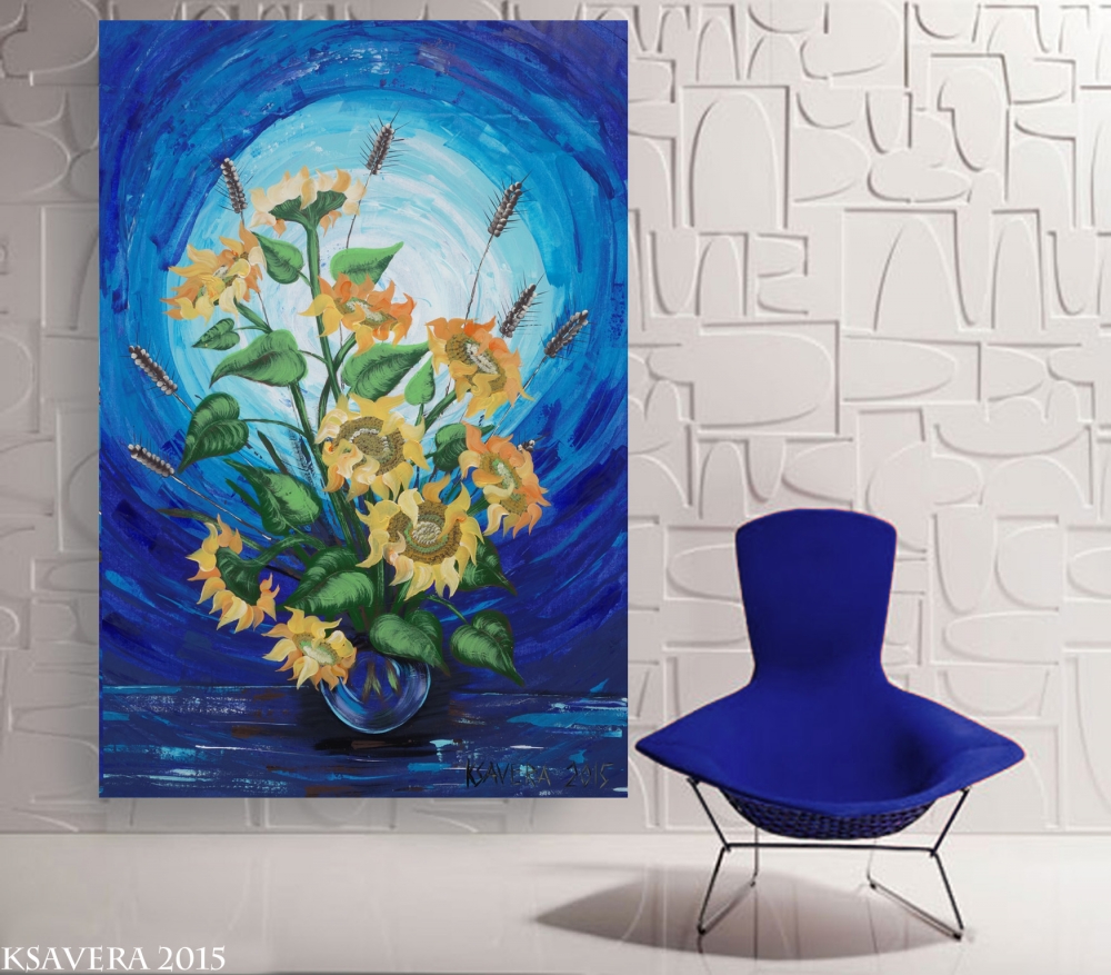 Blue painting Sunflowers B047 - large canvas