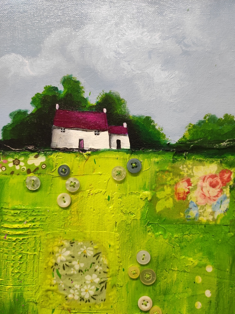 House on green patchwork field 