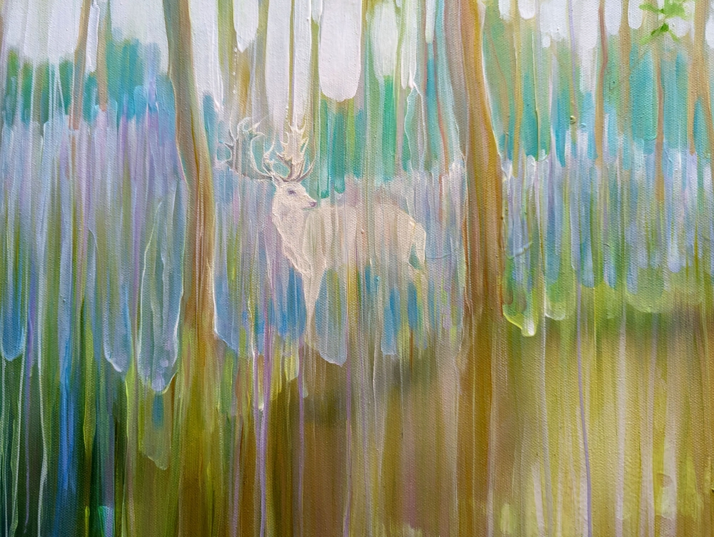 Renewal of Springtime, an abstract bluebell forest with deer