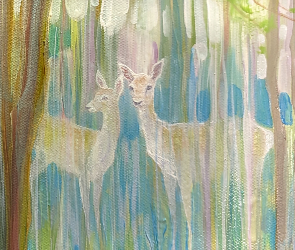 Renewal of Springtime, an abstract bluebell forest with deer