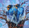 Swallow couple birds oil painting original in blue frame 13x13 cm