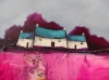 Houses on magenta pink patchwork fields 