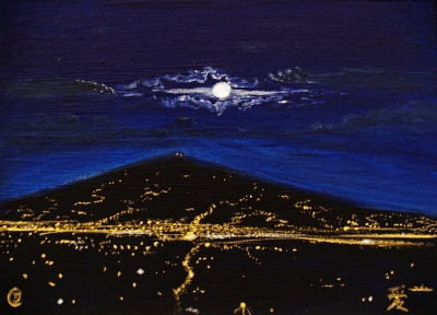 Miniature Painting of Volcano Turrialba and San Jose on Full Moon Night
