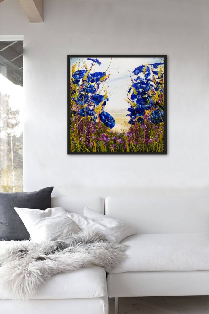 Black framed Blue Floral Jewel Landscape