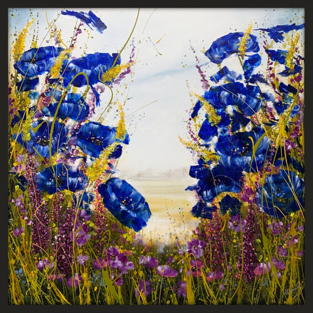 Black framed Blue Floral Jewel Landscape