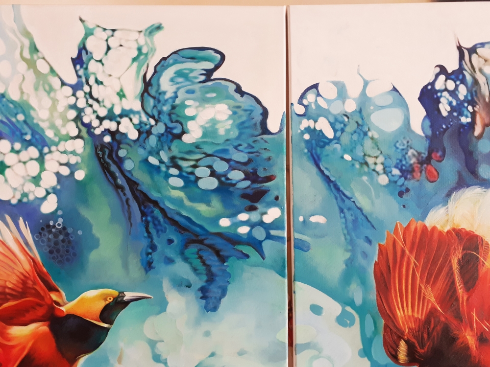 BIRDS-OF-PARADISE BY A WATERFALL (diptych)