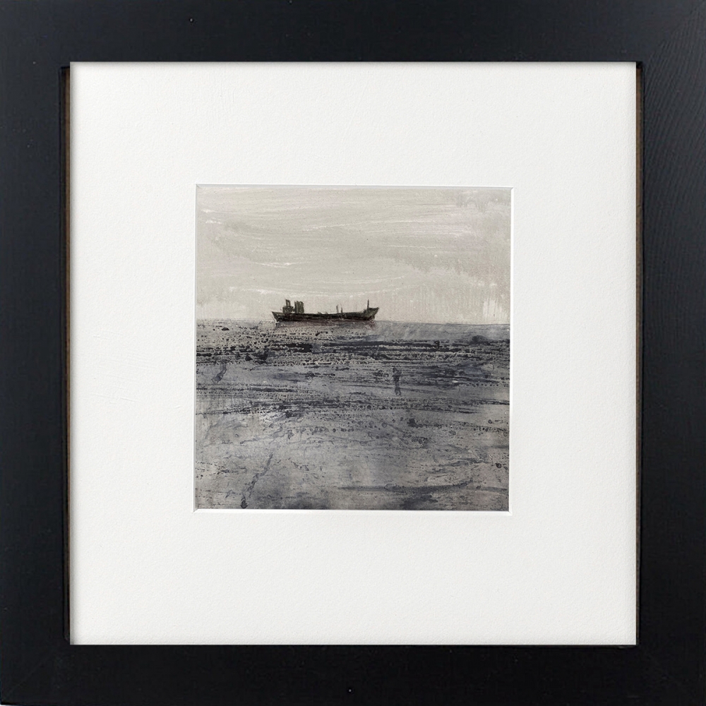 Grey day at sea lone boat framed