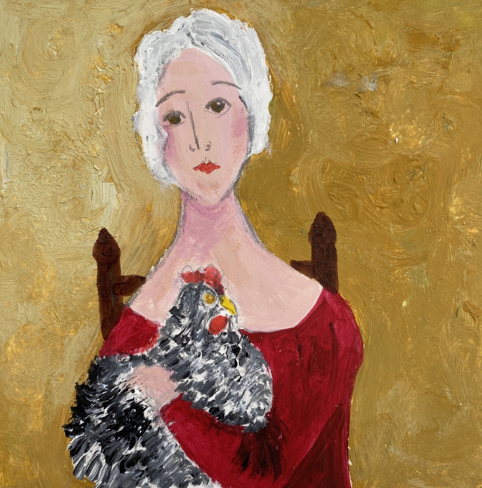 Woman with Maran Chicken framed