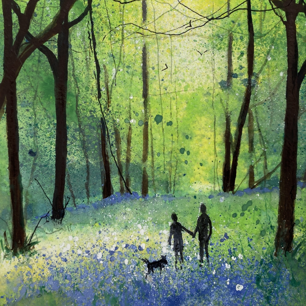 Dog Walk among bluebells framed