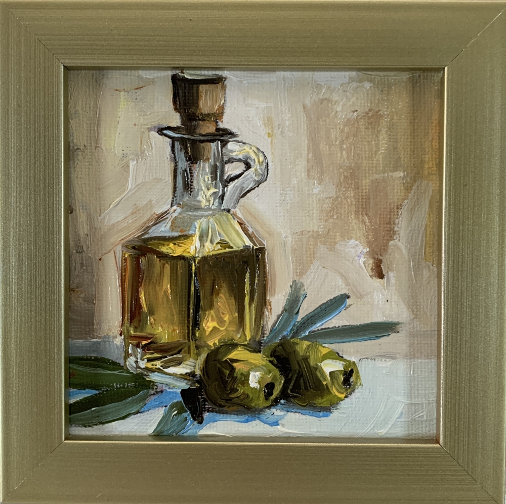 Still life with olives and olive oil