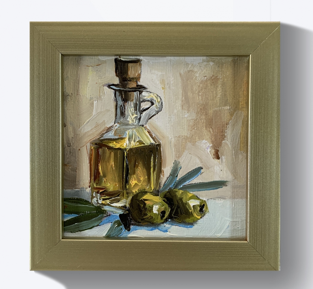 Still life with olives and olive oil