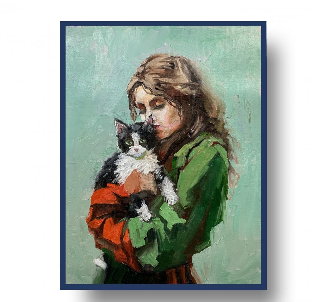 Girl in green dress with cat painting.