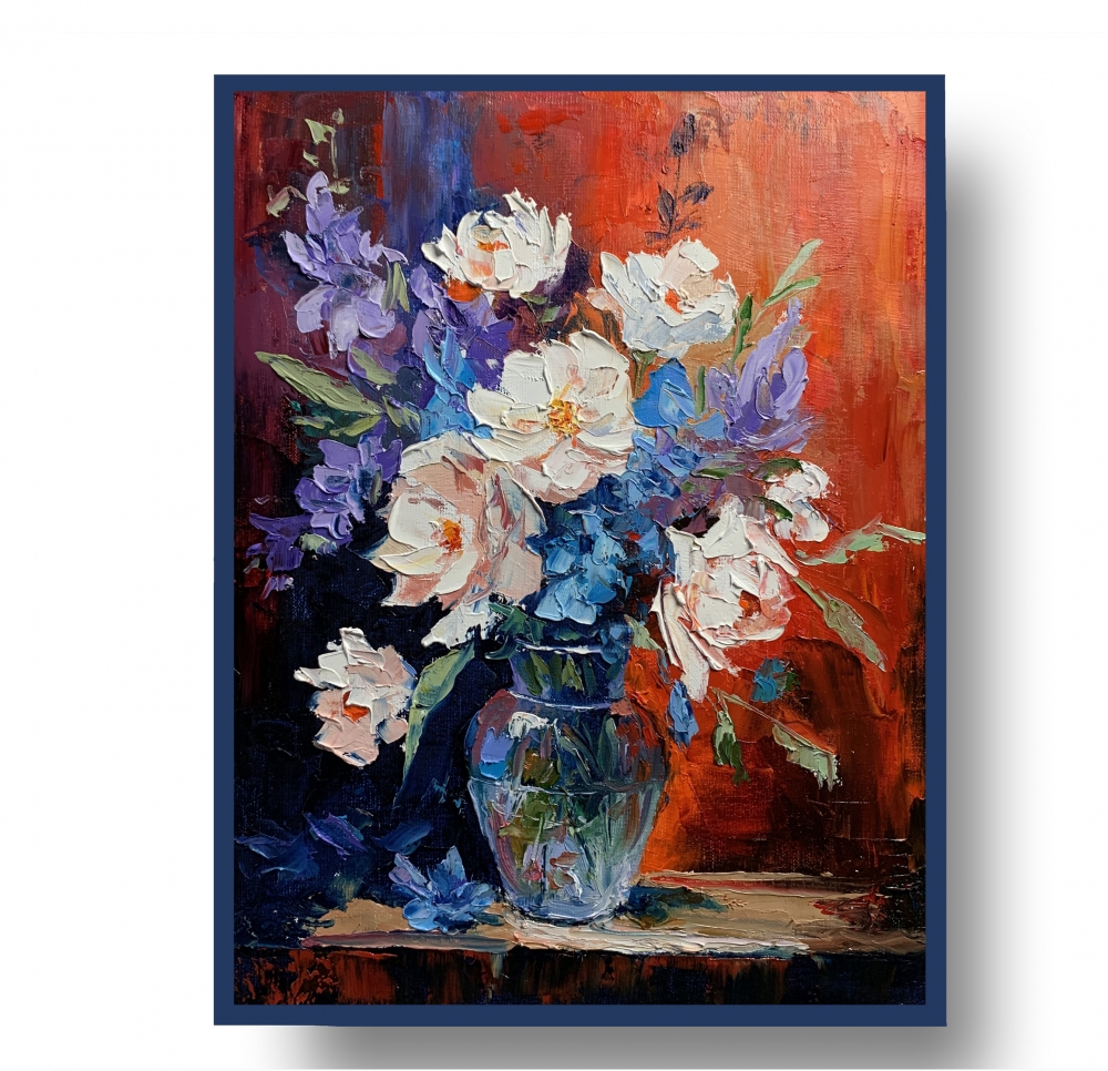 Bouquet of White flowers in a blue vase on red. 