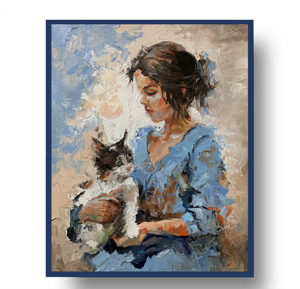 Girl in blue dress with cat.