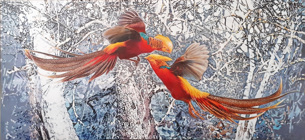 PHEASANTS IN FLIGHT