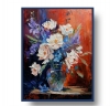 Bouquet of White flowers in a blue vase on red. 