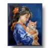 Girl in blue dress with orange cat