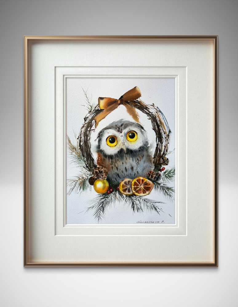 Owl and Christmas wreath #3