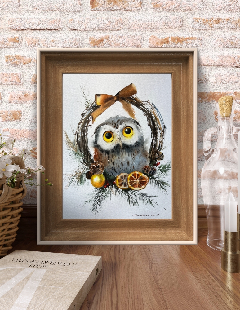 Owl and Christmas wreath #3