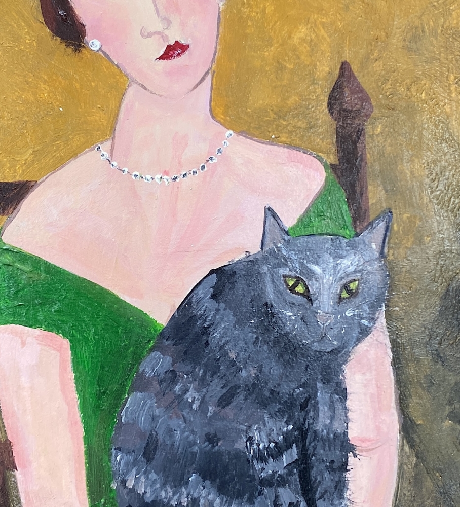 Woman seated with pearls & Tabby Cat