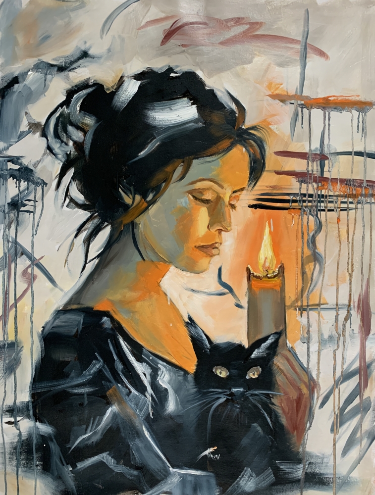 Woman with black cat.