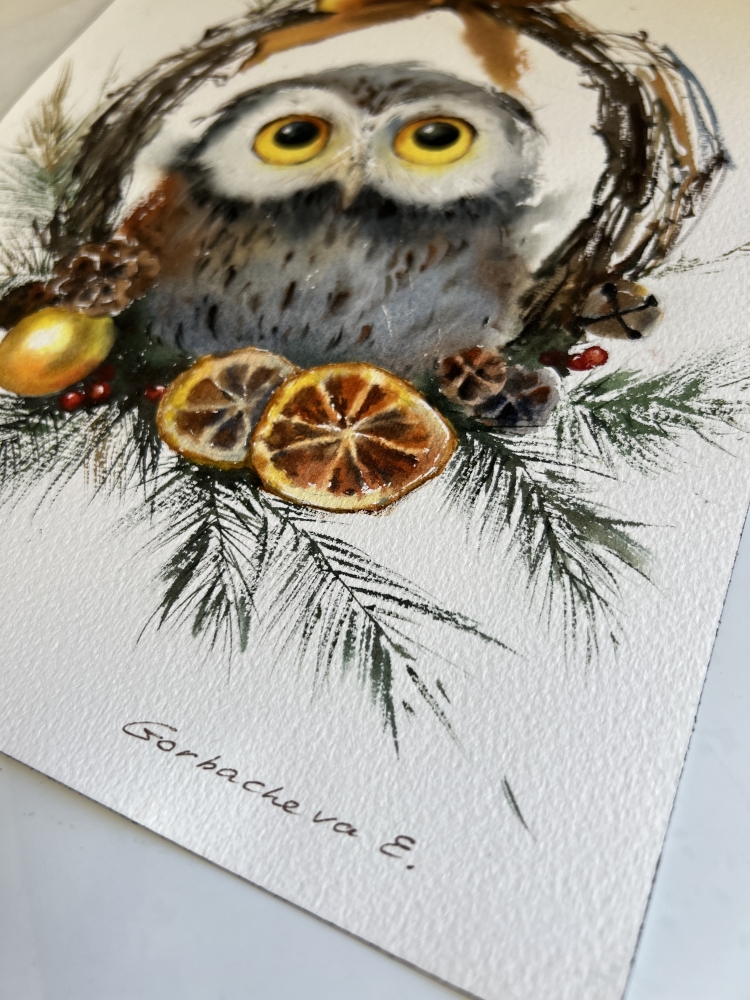 Owl and Christmas wreath #3